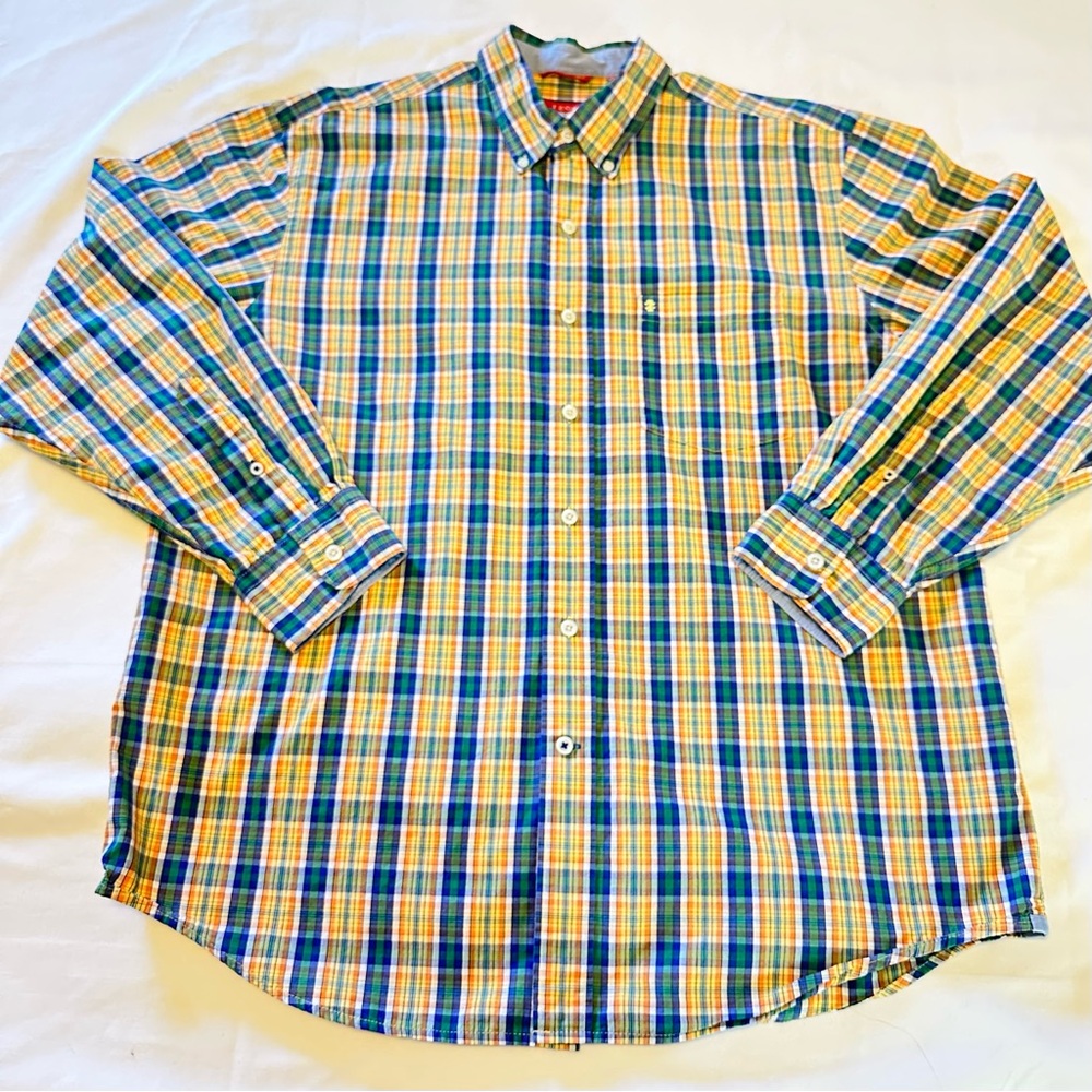 IZOD Men’s Large Long Sleeve Green, Yellow, Blue, Orange Plaid Shirt 100% Cotton